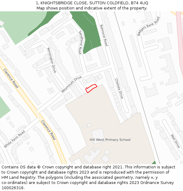 1, KNIGHTSBRIDGE CLOSE, SUTTON COLDFIELD, B74 4UQ: Location map and indicative extent of plot