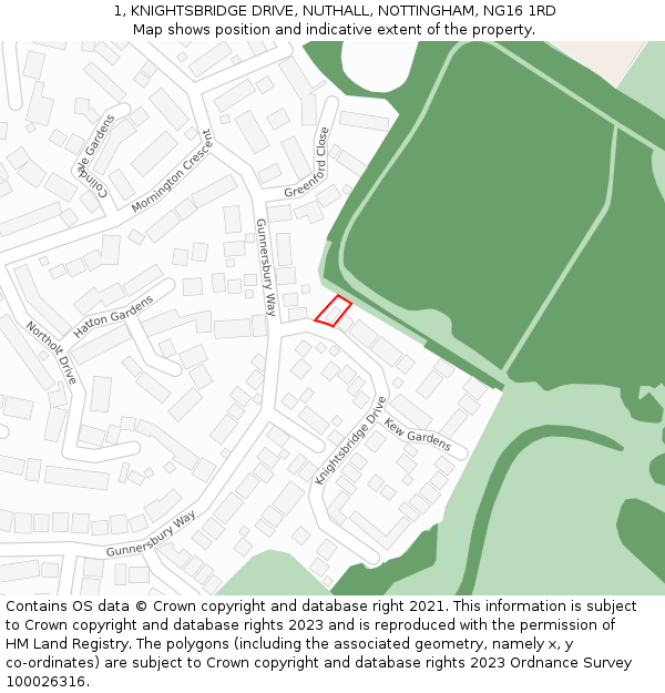 1, KNIGHTSBRIDGE DRIVE, NUTHALL, NOTTINGHAM, NG16 1RD: Location map and indicative extent of plot