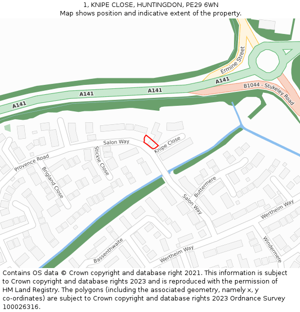 1, KNIPE CLOSE, HUNTINGDON, PE29 6WN: Location map and indicative extent of plot