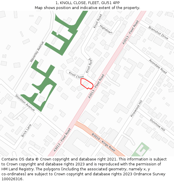 1, KNOLL CLOSE, FLEET, GU51 4PP: Location map and indicative extent of plot