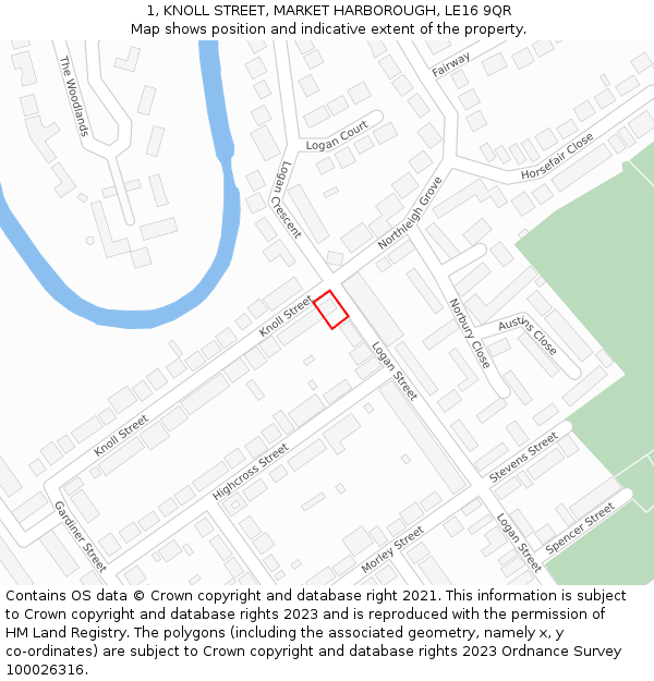 1, KNOLL STREET, MARKET HARBOROUGH, LE16 9QR: Location map and indicative extent of plot