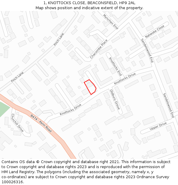 1, KNOTTOCKS CLOSE, BEACONSFIELD, HP9 2AL: Location map and indicative extent of plot