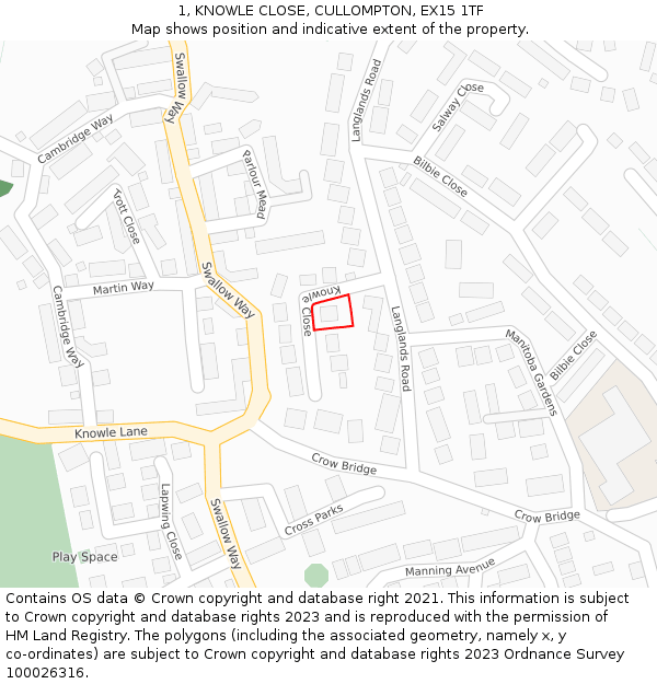 1, KNOWLE CLOSE, CULLOMPTON, EX15 1TF: Location map and indicative extent of plot