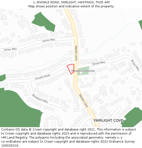 1, KNOWLE ROAD, FAIRLIGHT, HASTINGS, TN35 4AT: Location map and indicative extent of plot