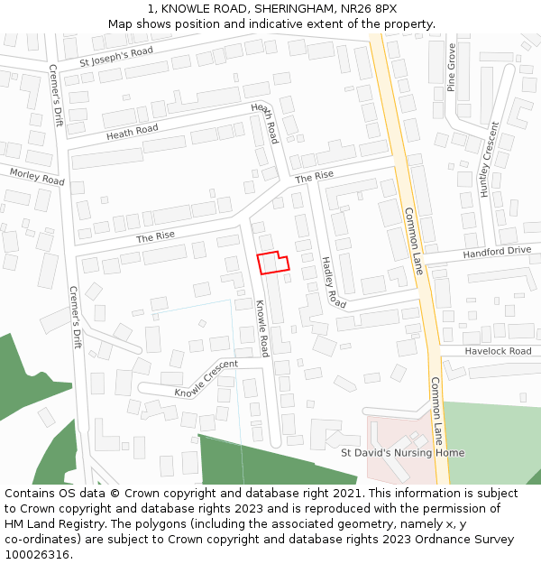 1, KNOWLE ROAD, SHERINGHAM, NR26 8PX: Location map and indicative extent of plot