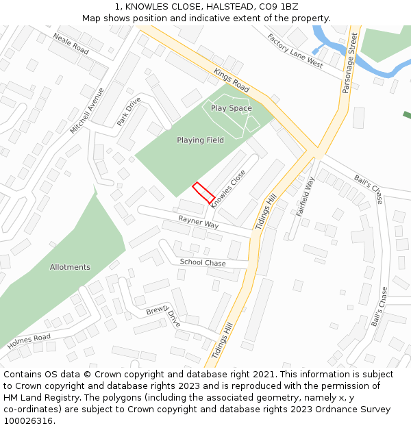 1, KNOWLES CLOSE, HALSTEAD, CO9 1BZ: Location map and indicative extent of plot