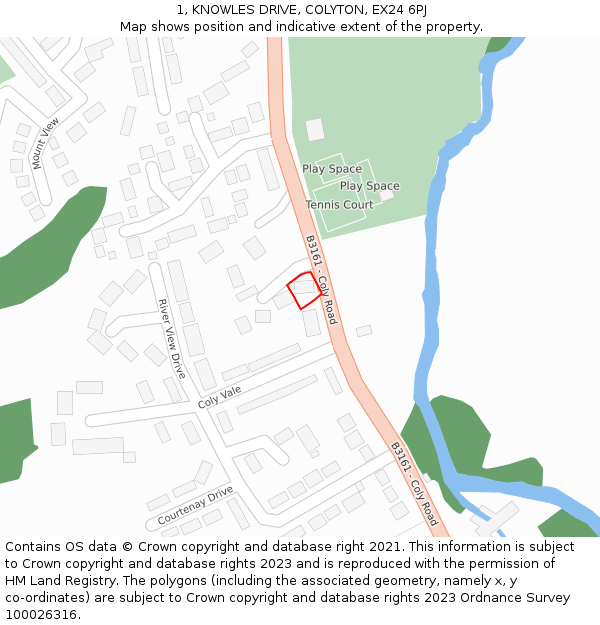 1, KNOWLES DRIVE, COLYTON, EX24 6PJ: Location map and indicative extent of plot