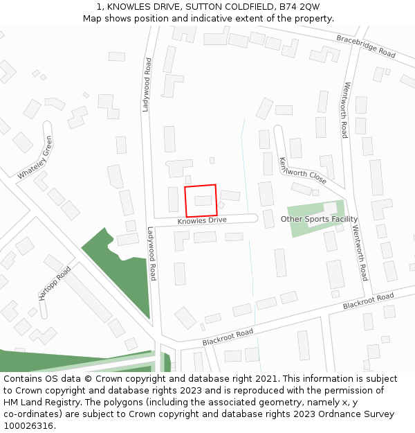 1, KNOWLES DRIVE, SUTTON COLDFIELD, B74 2QW: Location map and indicative extent of plot