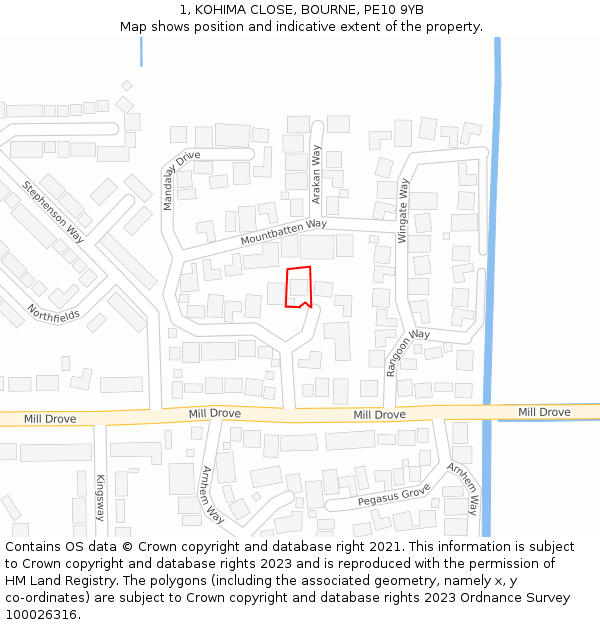 1, KOHIMA CLOSE, BOURNE, PE10 9YB: Location map and indicative extent of plot