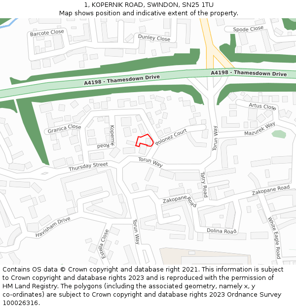 1, KOPERNIK ROAD, SWINDON, SN25 1TU: Location map and indicative extent of plot