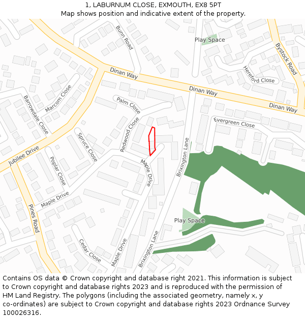 1, LABURNUM CLOSE, EXMOUTH, EX8 5PT: Location map and indicative extent of plot