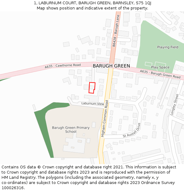 1, LABURNUM COURT, BARUGH GREEN, BARNSLEY, S75 1QJ: Location map and indicative extent of plot