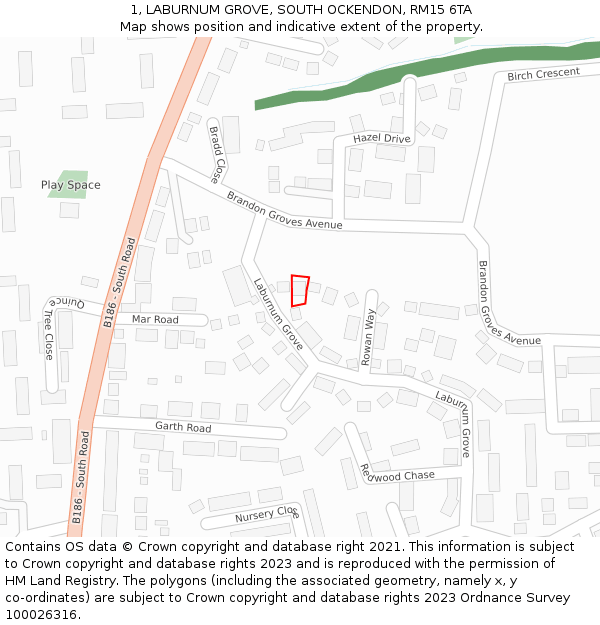 1, LABURNUM GROVE, SOUTH OCKENDON, RM15 6TA: Location map and indicative extent of plot