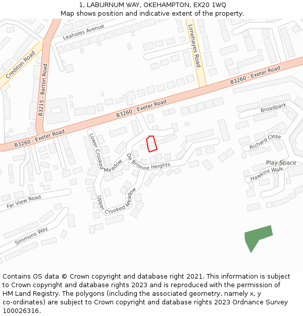 1, LABURNUM WAY, OKEHAMPTON, EX20 1WQ: Location map and indicative extent of plot