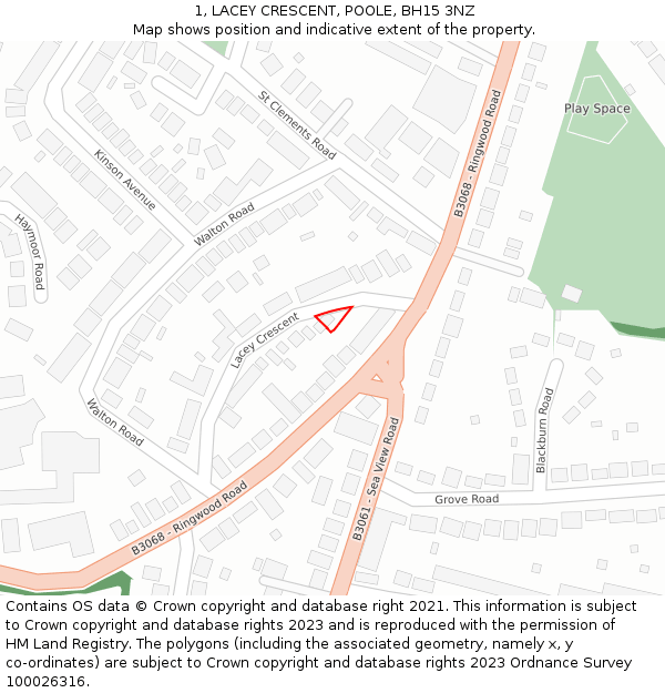1, LACEY CRESCENT, POOLE, BH15 3NZ: Location map and indicative extent of plot