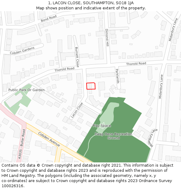 1, LACON CLOSE, SOUTHAMPTON, SO18 1JA: Location map and indicative extent of plot