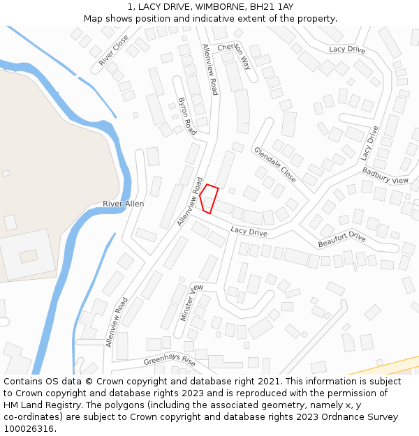 1, LACY DRIVE, WIMBORNE, BH21 1AY: Location map and indicative extent of plot