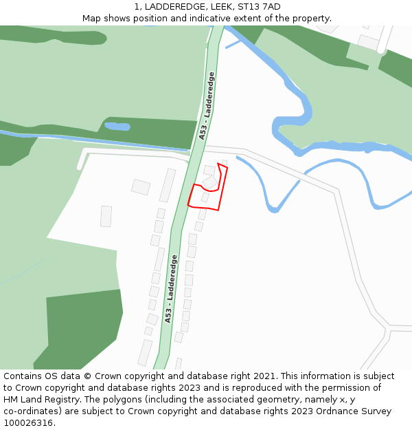 1, LADDEREDGE, LEEK, ST13 7AD: Location map and indicative extent of plot