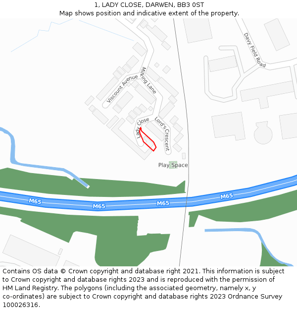 1, LADY CLOSE, DARWEN, BB3 0ST: Location map and indicative extent of plot