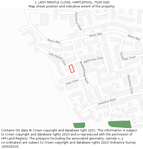 1, LADY MANTLE CLOSE, HARTLEPOOL, TS26 0QD: Location map and indicative extent of plot