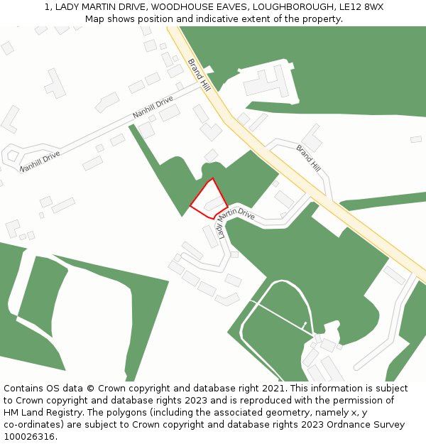 1, LADY MARTIN DRIVE, WOODHOUSE EAVES, LOUGHBOROUGH, LE12 8WX: Location map and indicative extent of plot