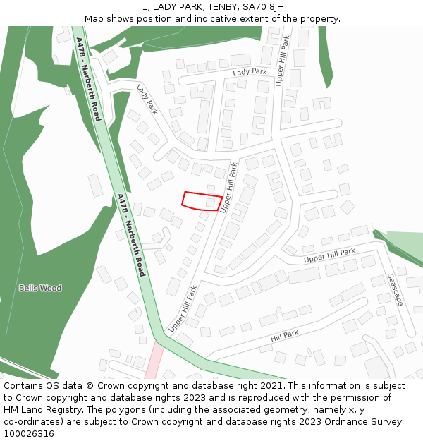 1, LADY PARK, TENBY, SA70 8JH: Location map and indicative extent of plot