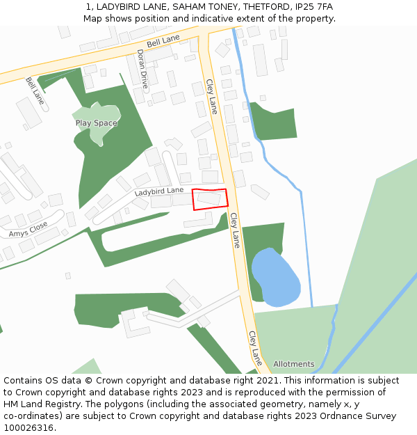 1, LADYBIRD LANE, SAHAM TONEY, THETFORD, IP25 7FA: Location map and indicative extent of plot