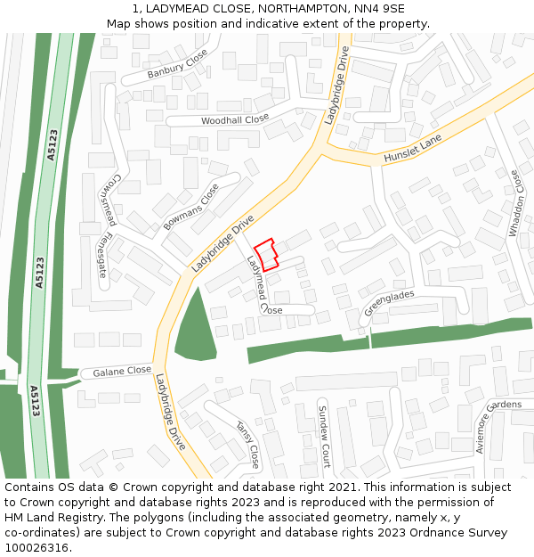 1, LADYMEAD CLOSE, NORTHAMPTON, NN4 9SE: Location map and indicative extent of plot