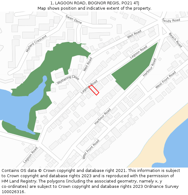 1, LAGOON ROAD, BOGNOR REGIS, PO21 4TJ: Location map and indicative extent of plot