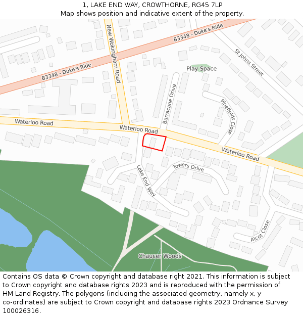 1, LAKE END WAY, CROWTHORNE, RG45 7LP: Location map and indicative extent of plot