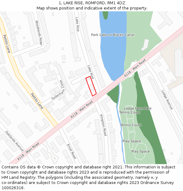 1, LAKE RISE, ROMFORD, RM1 4DZ: Location map and indicative extent of plot