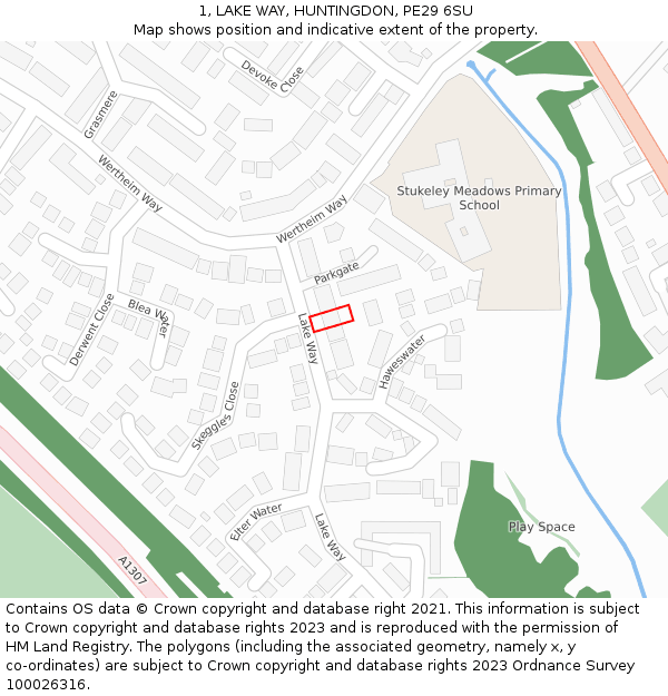 1, LAKE WAY, HUNTINGDON, PE29 6SU: Location map and indicative extent of plot