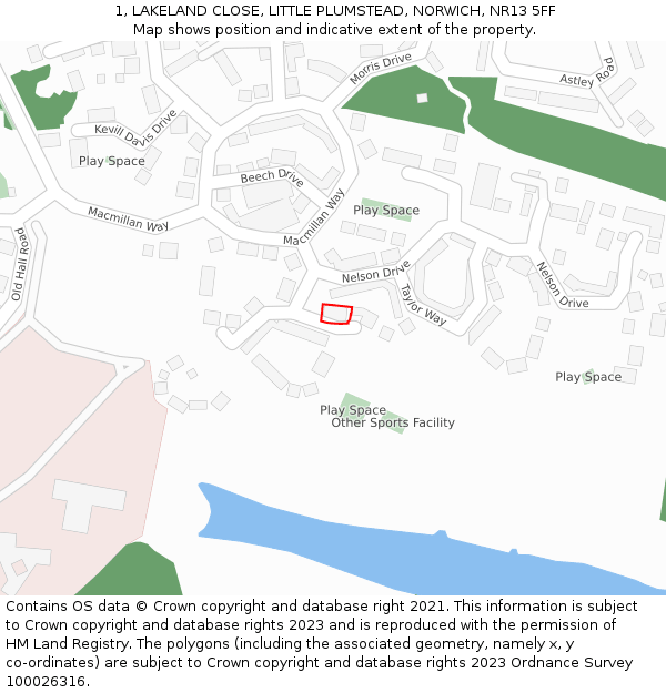 1, LAKELAND CLOSE, LITTLE PLUMSTEAD, NORWICH, NR13 5FF: Location map and indicative extent of plot