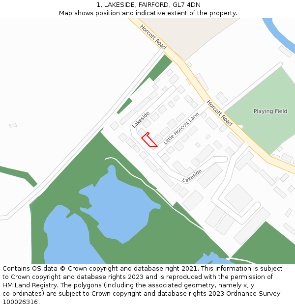 1, LAKESIDE, FAIRFORD, GL7 4DN: Location map and indicative extent of plot