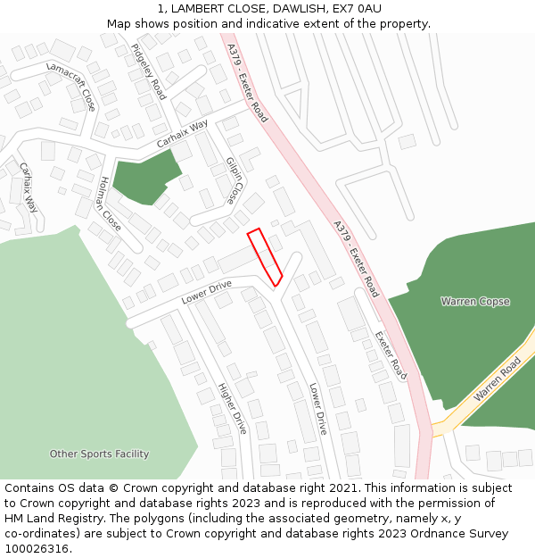 1, LAMBERT CLOSE, DAWLISH, EX7 0AU: Location map and indicative extent of plot