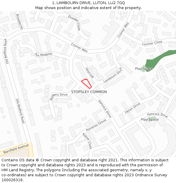 1, LAMBOURN DRIVE, LUTON, LU2 7GQ: Location map and indicative extent of plot