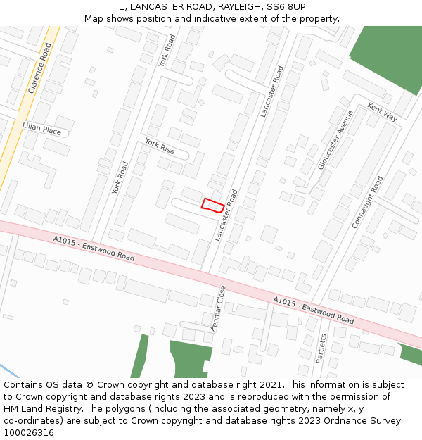 1, LANCASTER ROAD, RAYLEIGH, SS6 8UP: Location map and indicative extent of plot