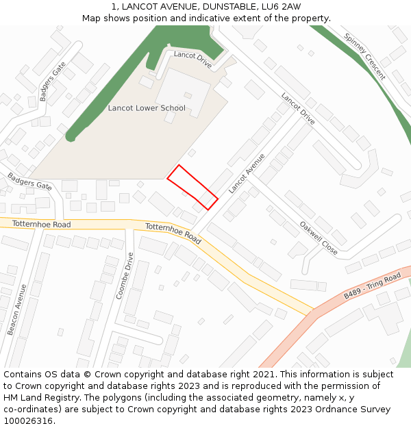 1, LANCOT AVENUE, DUNSTABLE, LU6 2AW: Location map and indicative extent of plot