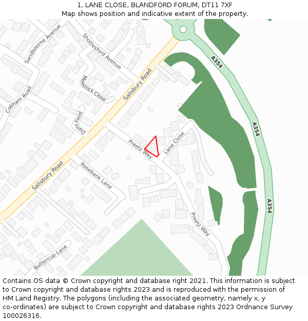 1, LANE CLOSE, BLANDFORD FORUM, DT11 7XF: Location map and indicative extent of plot