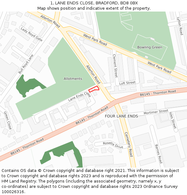 1, LANE ENDS CLOSE, BRADFORD, BD8 0BX: Location map and indicative extent of plot