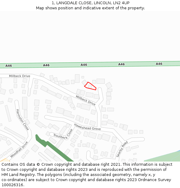 1, LANGDALE CLOSE, LINCOLN, LN2 4UP: Location map and indicative extent of plot