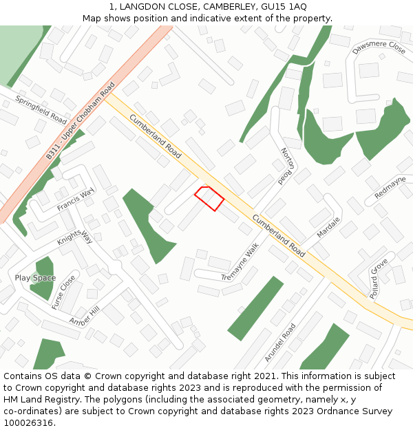 1, LANGDON CLOSE, CAMBERLEY, GU15 1AQ: Location map and indicative extent of plot