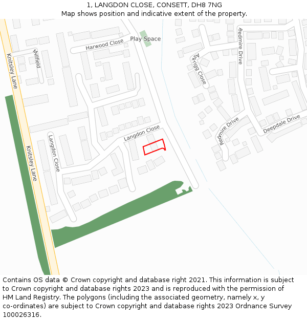 1, LANGDON CLOSE, CONSETT, DH8 7NG: Location map and indicative extent of plot
