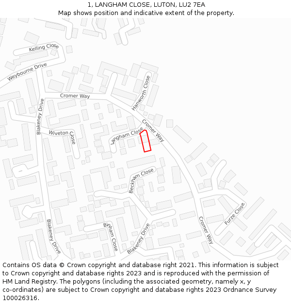 1, LANGHAM CLOSE, LUTON, LU2 7EA: Location map and indicative extent of plot