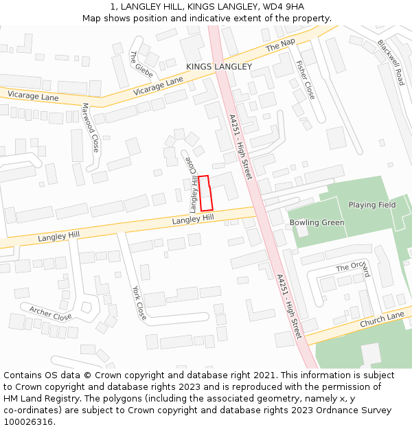 1, LANGLEY HILL, KINGS LANGLEY, WD4 9HA: Location map and indicative extent of plot