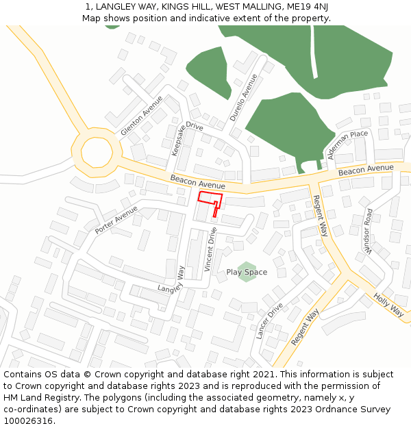 1, LANGLEY WAY, KINGS HILL, WEST MALLING, ME19 4NJ: Location map and indicative extent of plot