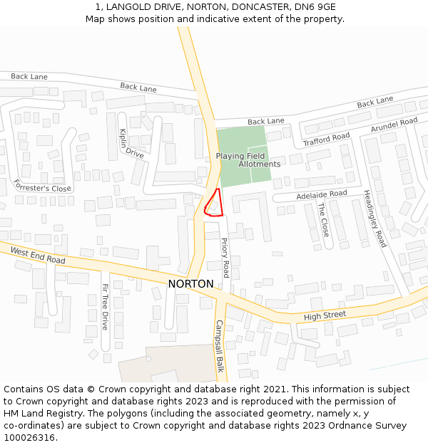 1, LANGOLD DRIVE, NORTON, DONCASTER, DN6 9GE: Location map and indicative extent of plot