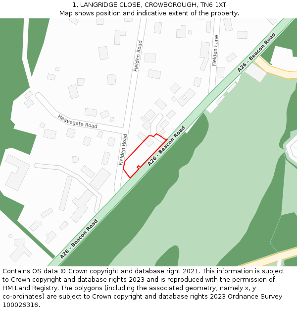 1, LANGRIDGE CLOSE, CROWBOROUGH, TN6 1XT: Location map and indicative extent of plot