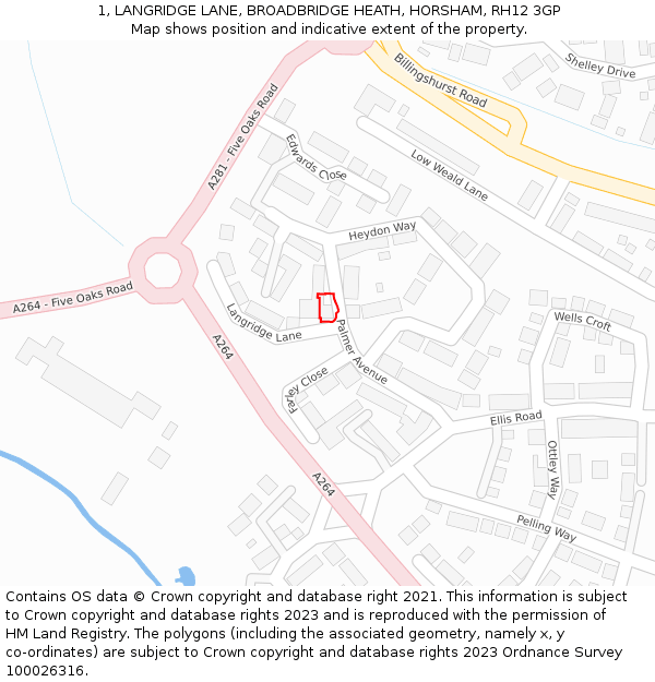 1, LANGRIDGE LANE, BROADBRIDGE HEATH, HORSHAM, RH12 3GP: Location map and indicative extent of plot