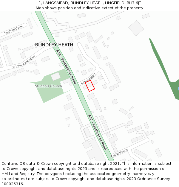 1, LANGSMEAD, BLINDLEY HEATH, LINGFIELD, RH7 6JT: Location map and indicative extent of plot